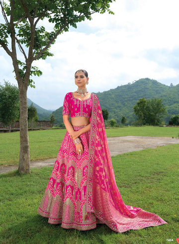 Beautiful Traditional Designer Elegant Pink Embroidery Work Cut Work Silk Lehenga - 7404